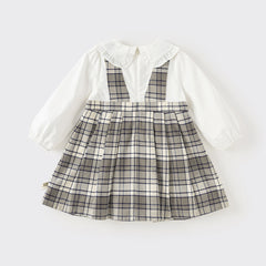 Dave&Bella Toddler Girls Autumn Breathable Cotton Grey White Plaid Party Dress