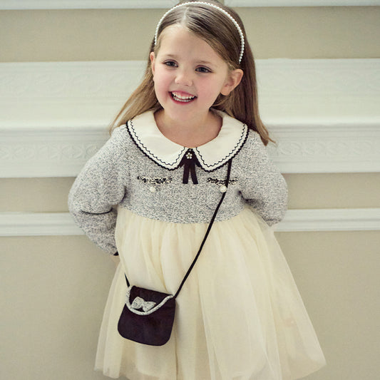 Dave&Bella Toddler Girls Autumn Grey Adorable Mesh Princess Dress(wallet bag)