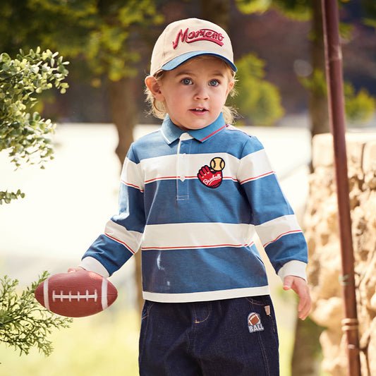 Dave&Bella Toddler Boys Casual Blue Striped Breathable Cotton long-sleeved Polos