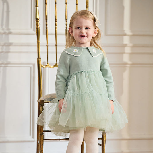 Dave&Bella Toddler Girls Autumn Elegance Green Fashion Knitted Mesh Princess Dress