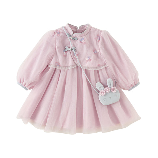 Dave&Bella Toddler Girls Classical Chinese-style Fake-two-piece Mesh Dress(wallet bag)