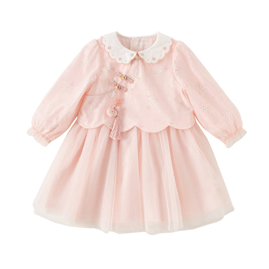 Dave&Bella Toddler Girls Sweet Pink Floral Lace Collor Chinese-style Mesh Dress