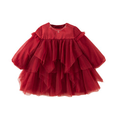 Dave&Bella Toddler Girls Autumn Festival Red Fluffy Mesh Princess Dress