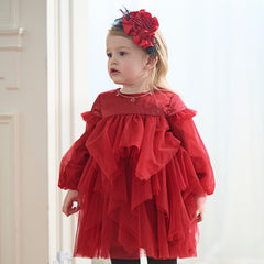 Dave&Bella Toddler Girls Autumn Festival Red Fluffy Mesh Princess Dress