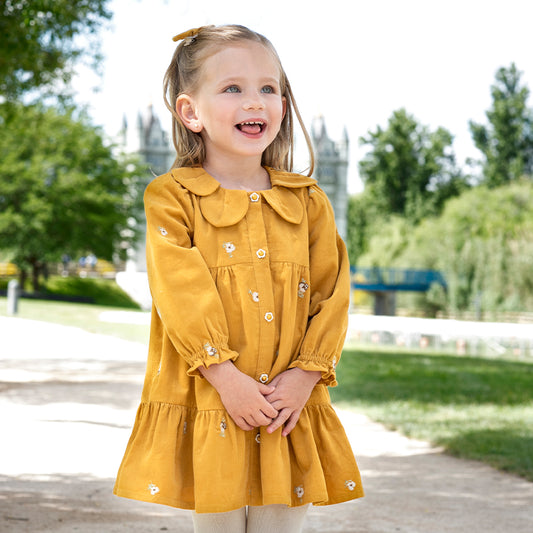 Dave&Bella Toddler Girls Dress Autumn Yellow Cotton Corduroy Princess Dress