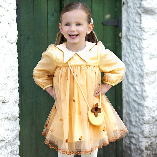 Dave&Bella Toddler Girls Autumn Adorable Orange Princess Mesh Dress(wallet bag)