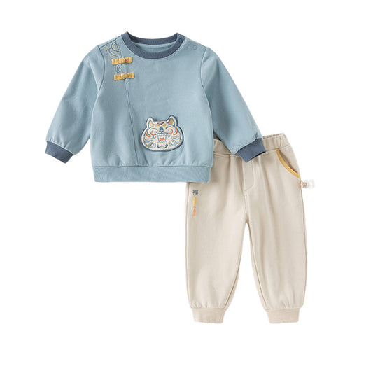 Dave&Bella Boys Autumn Leisure Smoke Blue Hooded Sweatshirt Top Pants Set