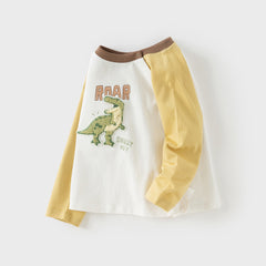 Dave&Bella Boys Autumn Cotton Yellow Colorblocked Round Collar T-shirt Top