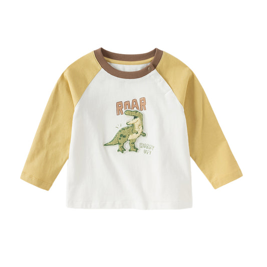 Dave&Bella Boys Autumn Cotton Yellow Colorblocked Round Collar T-shirt Top