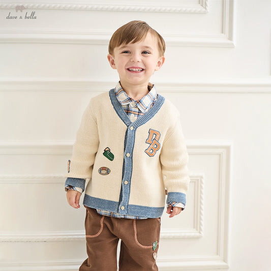 Dave&Bella Boys Autumn Beige Casual Knit Sweater Cardigan Top