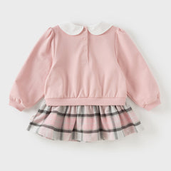 Dave&Bella Girls Adorable Pink Bear-print Plaid Dress-style Sweatshirts Tops