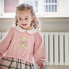 Dave&Bella Girls Adorable Pink Bear-print Plaid Dress-style Sweatshirts Tops