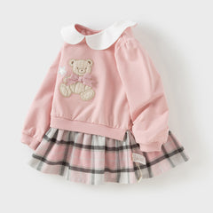 Dave&Bella Girls Adorable Pink Bear-print Plaid Dress-style Sweatshirts Tops