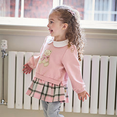 Dave&Bella Girls Adorable Pink Bear-print Plaid Dress-style Sweatshirts Tops