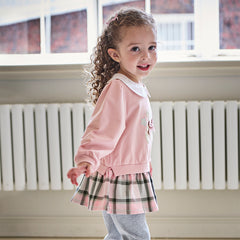 Dave&Bella Girls Adorable Pink Bear-print Plaid Dress-style Sweatshirts Tops