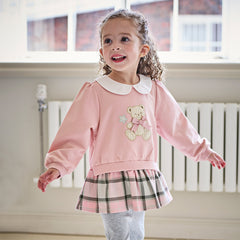 Dave&Bella Girls Adorable Pink Bear-print Plaid Dress-style Sweatshirts Tops
