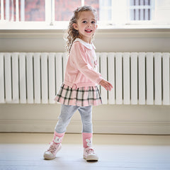 Dave&Bella Girls Adorable Pink Bear-print Plaid Dress-style Sweatshirts Tops