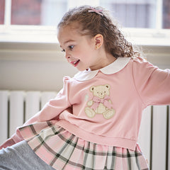 Dave&Bella Girls Adorable Pink Bear-print Plaid Dress-style Sweatshirts Tops