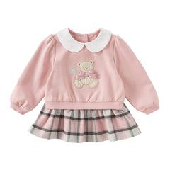 Dave&Bella Girls Adorable Pink Bear-print Plaid Dress-style Sweatshirts Tops