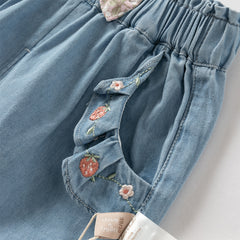 Dave&Bella Girls Autumn Cotton Embroidery Crafted Casual Denim Drawstring Pants