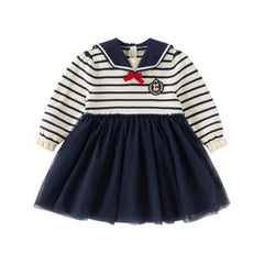 Dave&Bella Toddler Girls Autumn Nave Blue Striped Naval Style Mesh A-line Dress