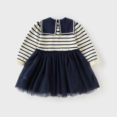 Dave&Bella Toddler Girls Autumn Nave Blue Striped Naval Style Mesh A-line Dress