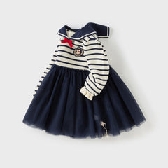 Dave&Bella Toddler Girls Autumn Nave Blue Striped Naval Style Mesh A-line Dress