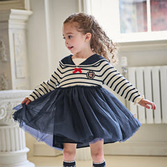 Dave&Bella Toddler Girls Autumn Nave Blue Striped Naval Style Mesh A-line Dress