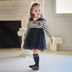 Dave&Bella Toddler Girls Autumn Nave Blue Striped Naval Style Mesh A-line Dress