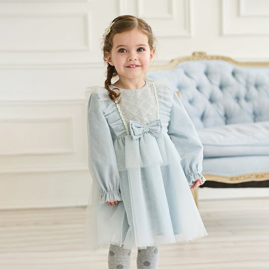 Dave&Bella Girls Autumn Elegance Grey Blue Mesh Charming Princess Dress