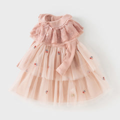 Dave&Bella Girls Autumn Sweet Pink A-line Princess Mesh Dress with Cape