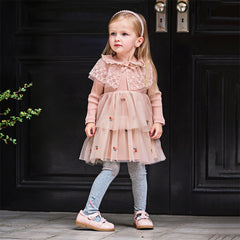 Dave&Bella Girls Autumn Sweet Pink A-line Princess Mesh Dress with Cape