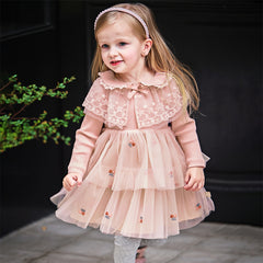 Dave&Bella Girls Autumn Sweet Pink A-line Princess Mesh Dress with Cape