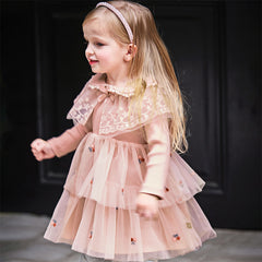 Dave&Bella Girls Autumn Sweet Pink A-line Princess Mesh Dress with Cape