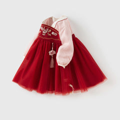 Dave&Bella Girls Autumn Adorable Drak Red Chinese Style Hanfu Mesh Princess Dress