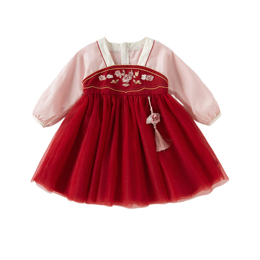 Dave&Bella Girls Autumn Adorable Drak Red Chinese Style Hanfu Mesh Princess Dress