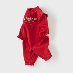 Dave&Bella Baby Girls Autumn Cotton Antibacterial Red One-Pieces Romper