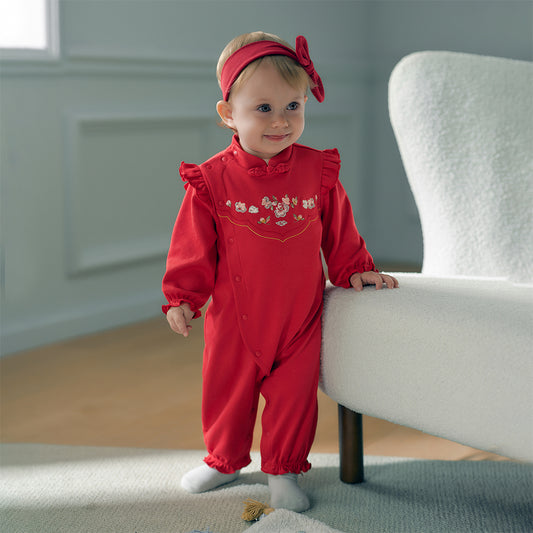 Dave&Bella Baby Girls Autumn Cotton Antibacterial Red One-Pieces Romper
