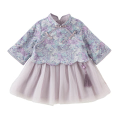Dave&Bella Girls Autumn Purple Flora Chinese Style Noble Mesh A-line Dress