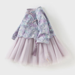 Dave&Bella Girls Autumn Purple Flora Chinese Style Noble Mesh A-line Dress