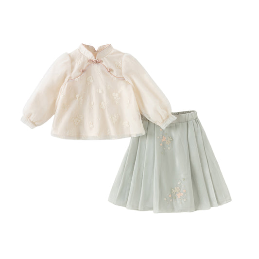 Dave&Bella Girls Autumn Gentle Elegant Mesh Chinese Style Half Dress Set