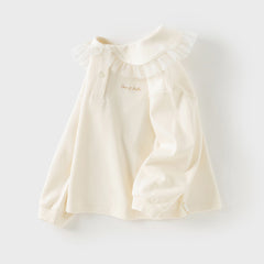 Dave&Bella Kids Girls Autumn Cotton Pearl White Sweet T-shirt Tops