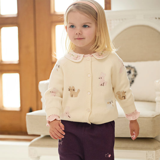 Dave&Bella Girls Autumn Cotton Beige Rabbit Jacquard Sweater Cardigan Coat