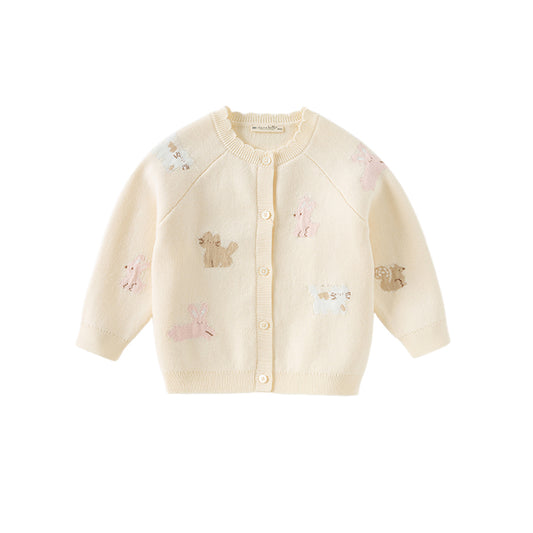 Dave&Bella Girls Autumn Cotton Beige Rabbit Jacquard Sweater Cardigan Coat