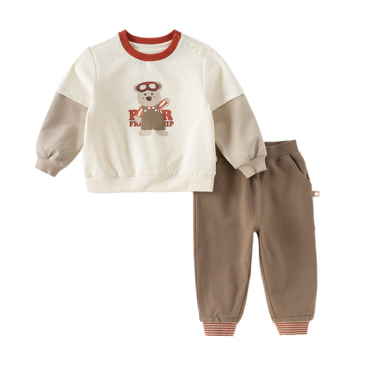Dave&Bella Boys Autumn Cotton Brown Print T-shirt Top Pant Outfit Sets