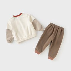 Dave&Bella Boys Autumn Cotton Brown Print T-shirt Top Pant Outfit Sets