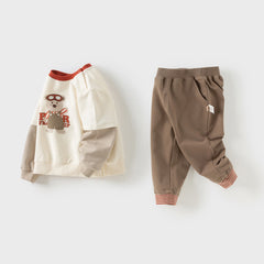 Dave&Bella Boys Autumn Cotton Brown Print T-shirt Top Pant Outfit Sets