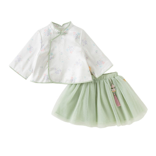 Dave&Bella Girls Autumn Green Begonia Print Top Mesh Half Skirt Two Piece Set