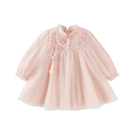 Dave&Bella Girls Autumn Adorable Chinese Style Pink Mesh A-lined Dress
