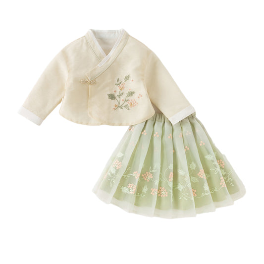 Dave&Bella Girls Autumn Yellow Mesh Half-skirt Chinese Style Two-piece Set